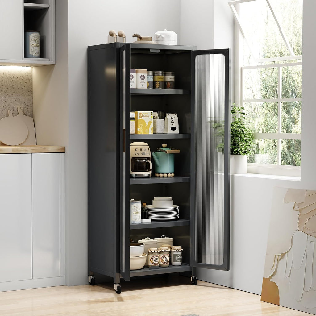 67.3' Kitchen Pantry Storage Cabinet with Magnetic Door, Adjustable Shelves & Wheels,Metal Tall Food Pantries Cabinets,for Kitchen, Living Room and Dining Room, Gray