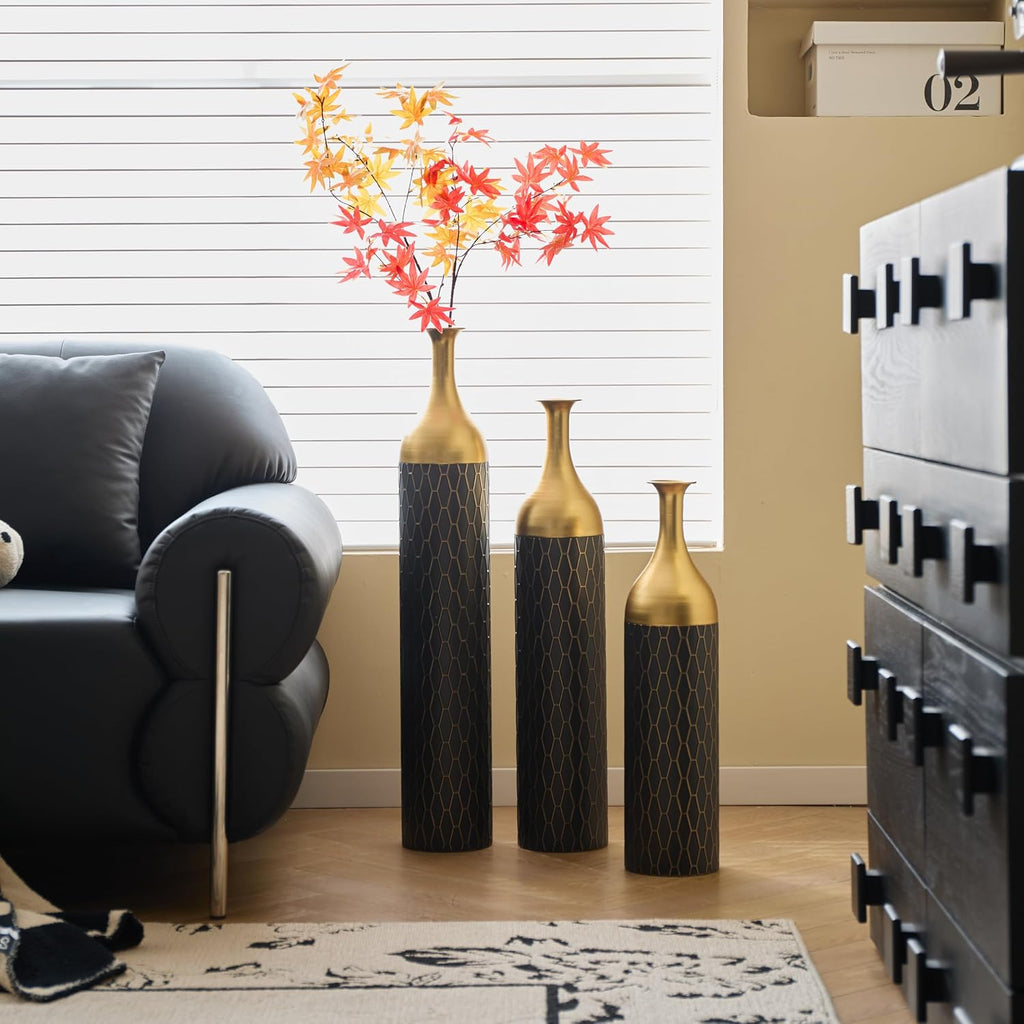 Floor Vases Decorative Tall - 24.8/30.31/34.25 in Metal Cylinder Vases Extra Large Decorative Vase Set of 3 Living Room Modern Big Standing Decor for Dining Bedroom Home Corner Indoor