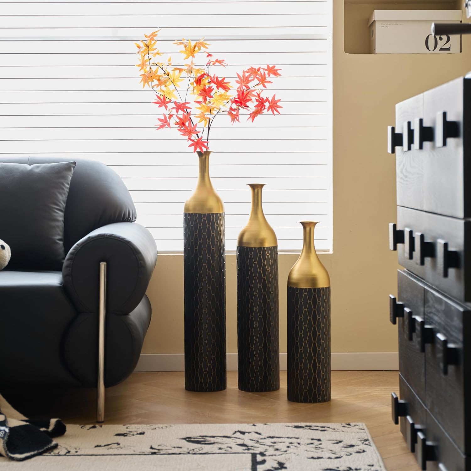 Floor Vases Decorative Tall - 24.8/30.31/34.25 in Metal Cylinder Vases Extra Large Decorative Vase Set of 3 Living Room Modern Big Standing Decor for Dining Bedroom Home Corner Indoor
