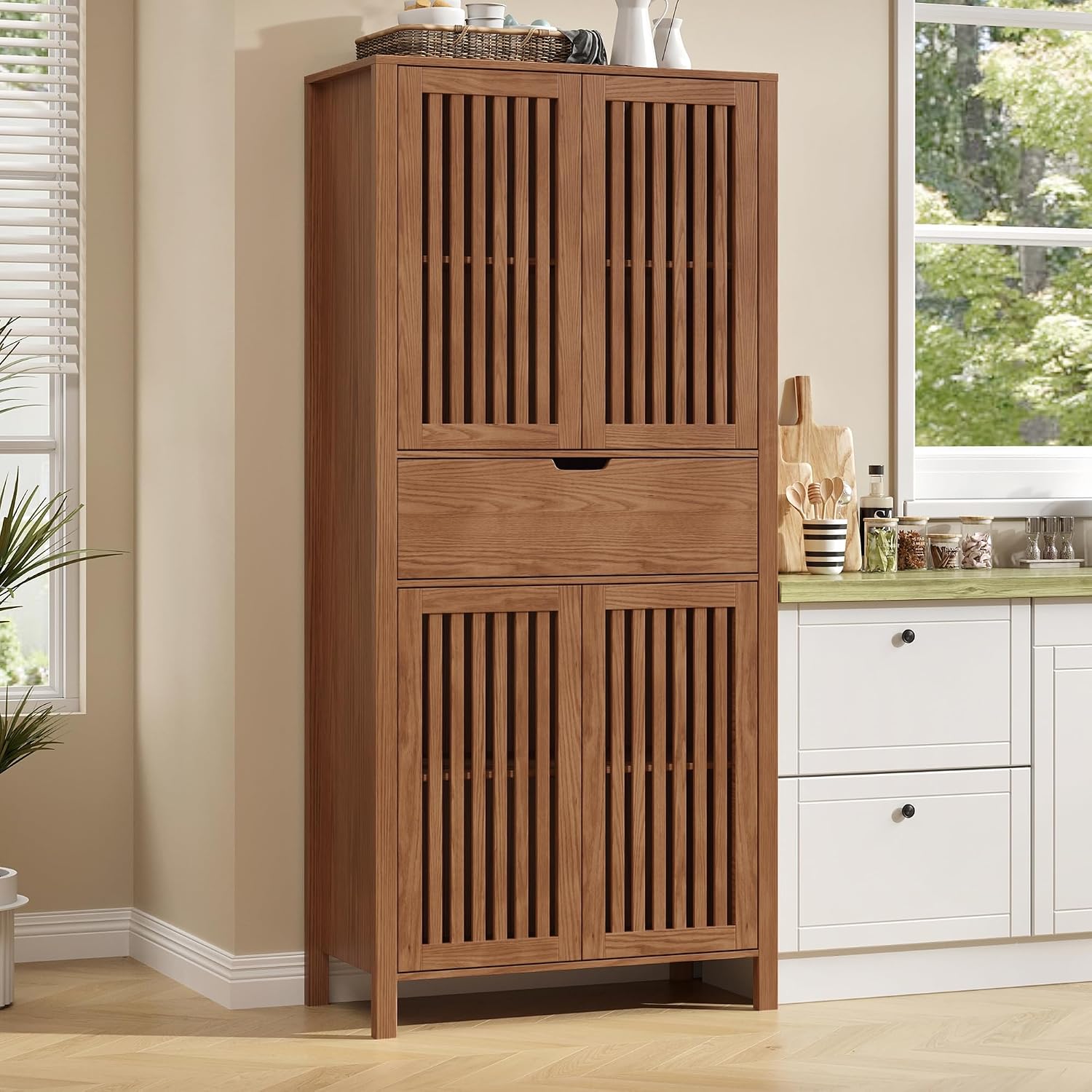 BVIUNTWO 69' Tall Farmhouse Storage Cabinet with Drawer & Adjustable Shelves, Grille Door Organizer Unit, Anti-Tip Design for Bathroom, Kitchen, Living Room, Rustic Brown