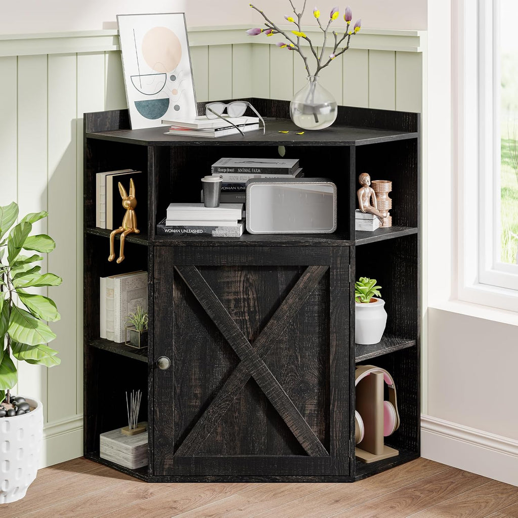 Vabches Corner Cabinet, Corner Storage Shelf with USB Ports and Outlets Industrial Organizer for Small Space Wooden 6-Cubby Bookshelf for Study, Playroom, Living Room (Dark Rustic Oak)