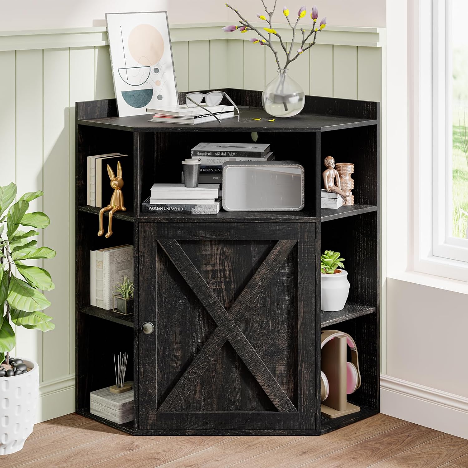 Vabches Corner Cabinet, Corner Storage Shelf with USB Ports and Outlets Industrial Organizer for Small Space Wooden 6-Cubby Bookshelf for Study, Playroom, Living Room (Dark Rustic Oak)