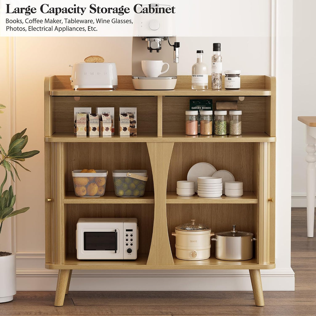 Decofy 39' Buffet Sideboard Cabinet, Mid Century Modern Console Cabinet with Roller Shutter Sliding Doors & Adjustable Shelves for Kitchen Cabinets, Living Room, Entryway, Coffee Bar Cabinet (Oak)