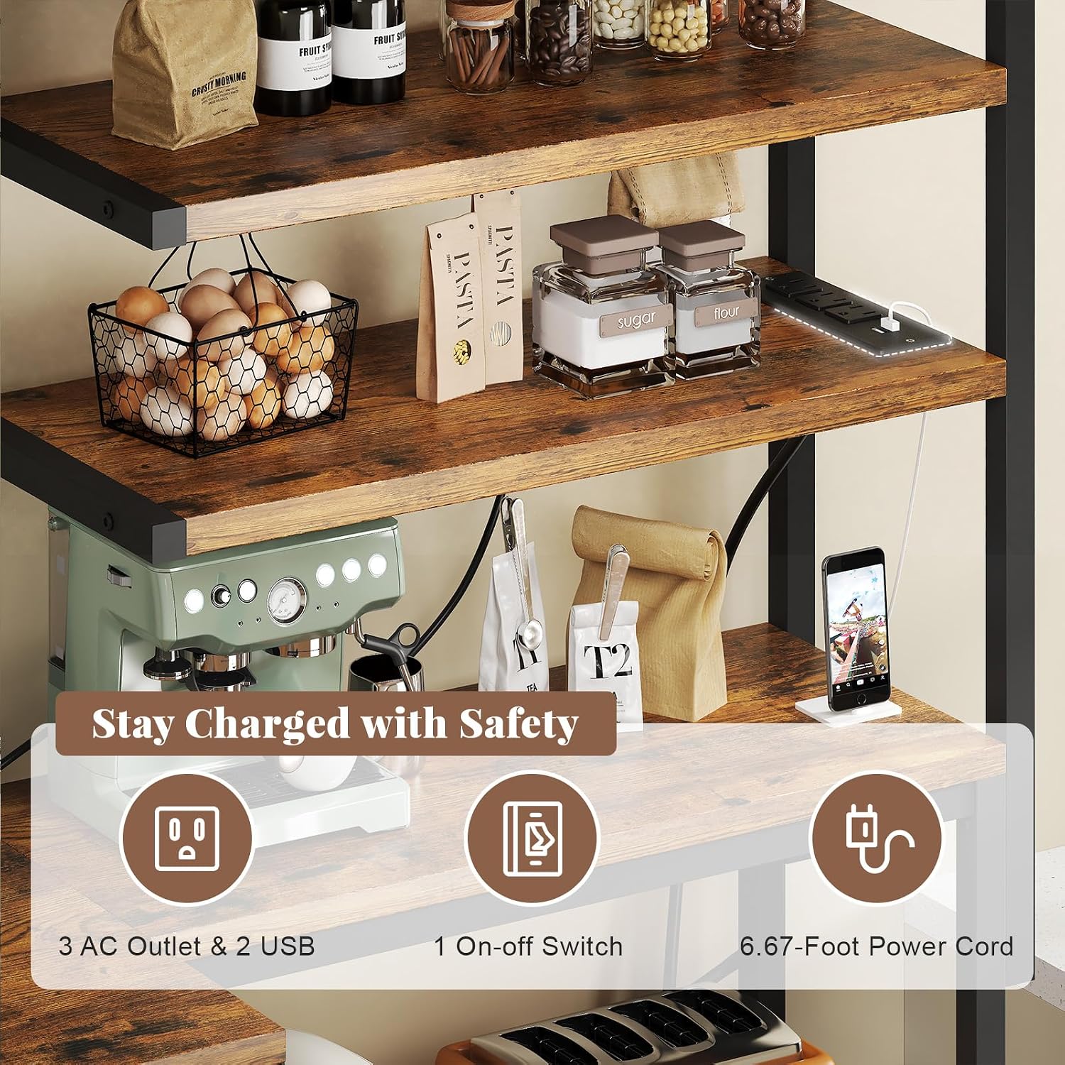 L-Shaped Bakers Rack with Power Outlet, 6-Tier Microwave Stand with Open Storage, Coffee Bar with Hooks, Mesh Grid, Kitchen Shelf with Wire Basket, Rustic Brown and Black