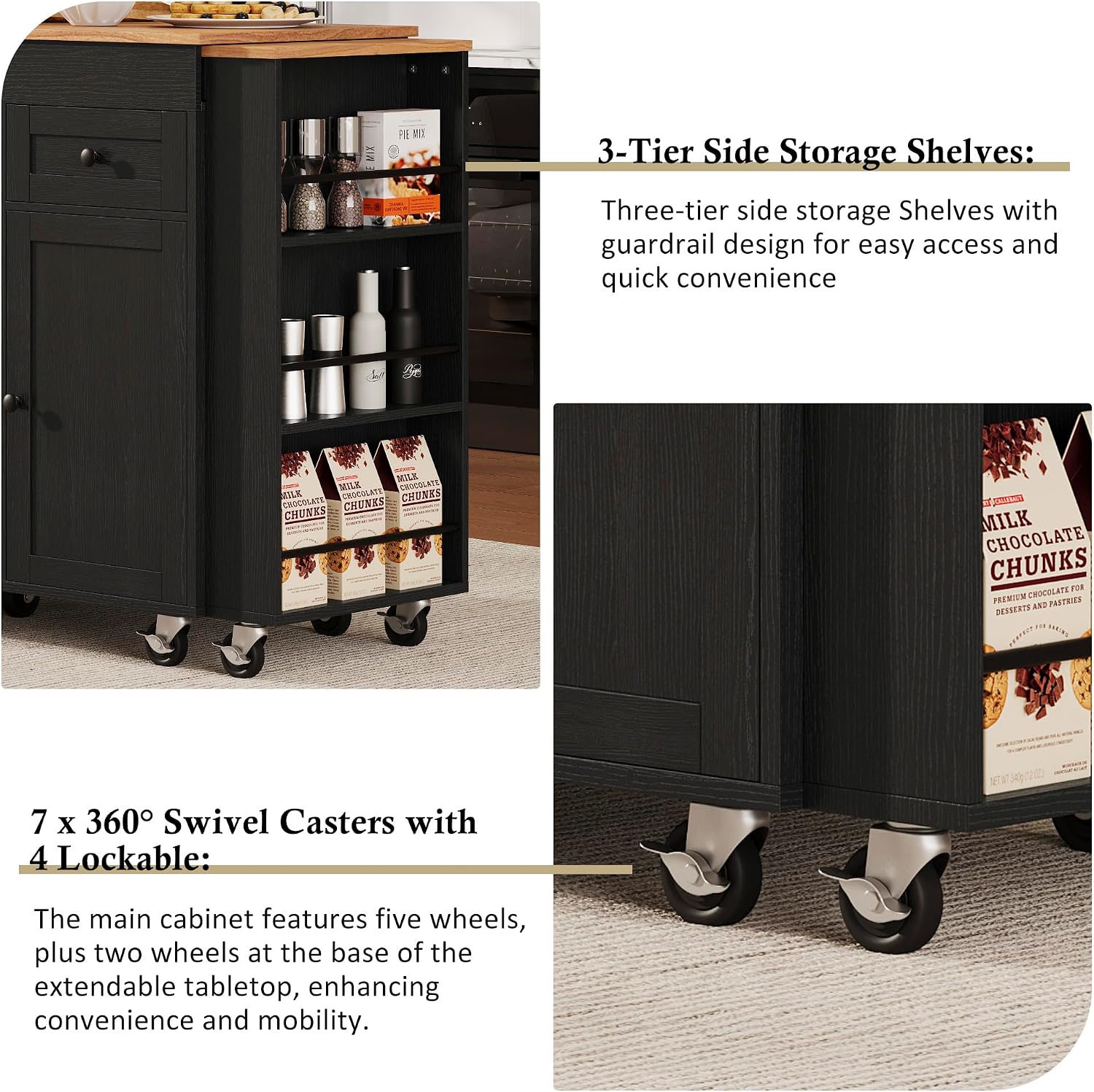 85.5' Kitchen Island with Extendable Dining Table, Kitchen Storage Cabinet with 3 Tier Spice Rack, Rolling Kitchen Island Cart with Power Outlet, 3 Drawers, 2 Doors for Kitchen, Dining Room, Black