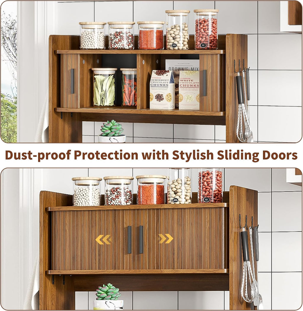 Mini Fridge Stand with Sliding Doors Storage, Microwave Stand and Baker's Rack with 6 Hooks, 4-Tier Mini Fridge Cabinet for Dorm, Home, Office, Kitchen, Walnut Wood