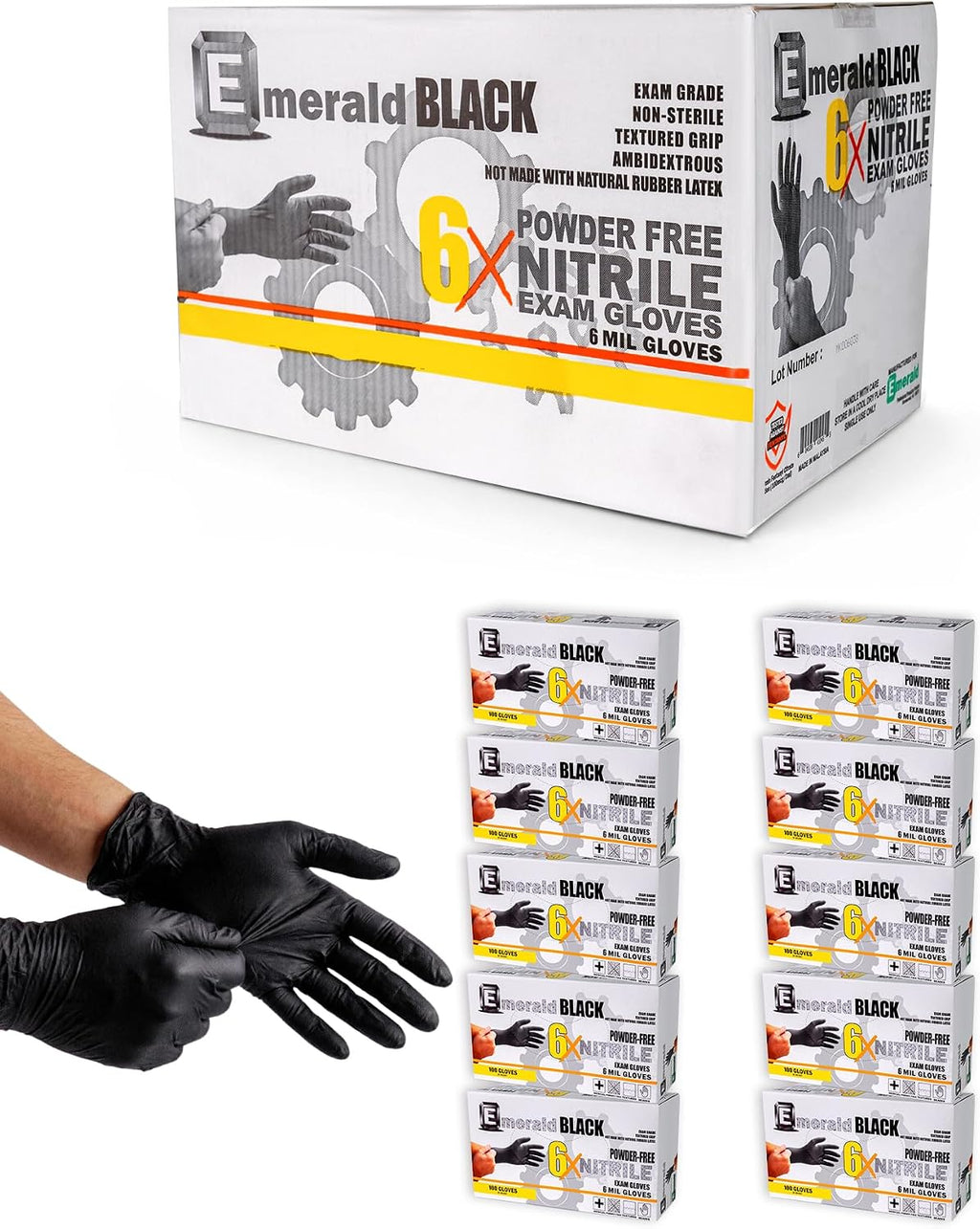 Emerald Case of 1000 – 6X Black 6 Mil Nitrile Exam Gloves, Fentanyl Tested, Latex & Powder Free