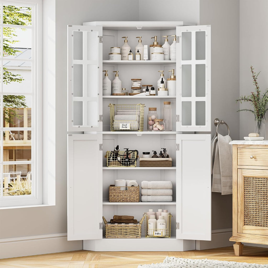 BOTLOG 67' Corner Cabinet, Corner Kitchen Pantry with Doors, Farmhouse Kitchen Cabinet with 6 Storage Shelves, Space Saver for Bathroom, Living Dining Room, White