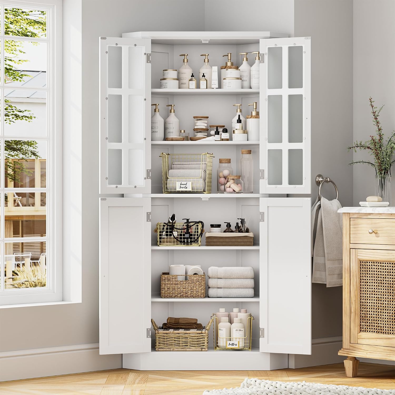 BOTLOG 67' Corner Cabinet, Corner Kitchen Pantry with Doors, Farmhouse Kitchen Cabinet with 6 Storage Shelves, Space Saver for Bathroom, Living Dining Room, White