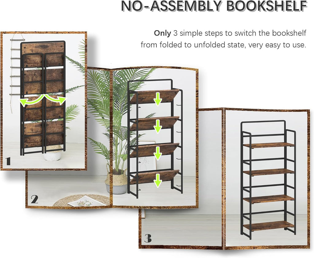 4NM No Assembly Folding Bookshelf, 4-Shelf 54' H Collapsible Foldable Bookcase Storage for Small Spaces, Rustic Brown and Black