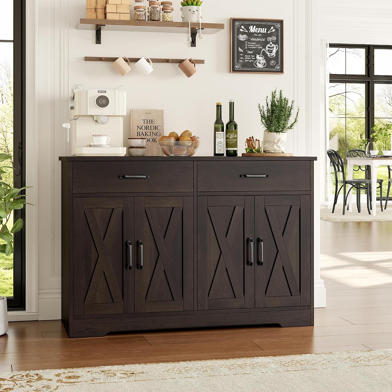 HOSTACK Buffet Cabinet with Storage, 47.2' Kitchen Sideboard Buffet with Drawers, Modern Farmhouse Coffee Bar Station with Shelves, Barn Doors Storage Cabinet for Living Room, Dark Brown