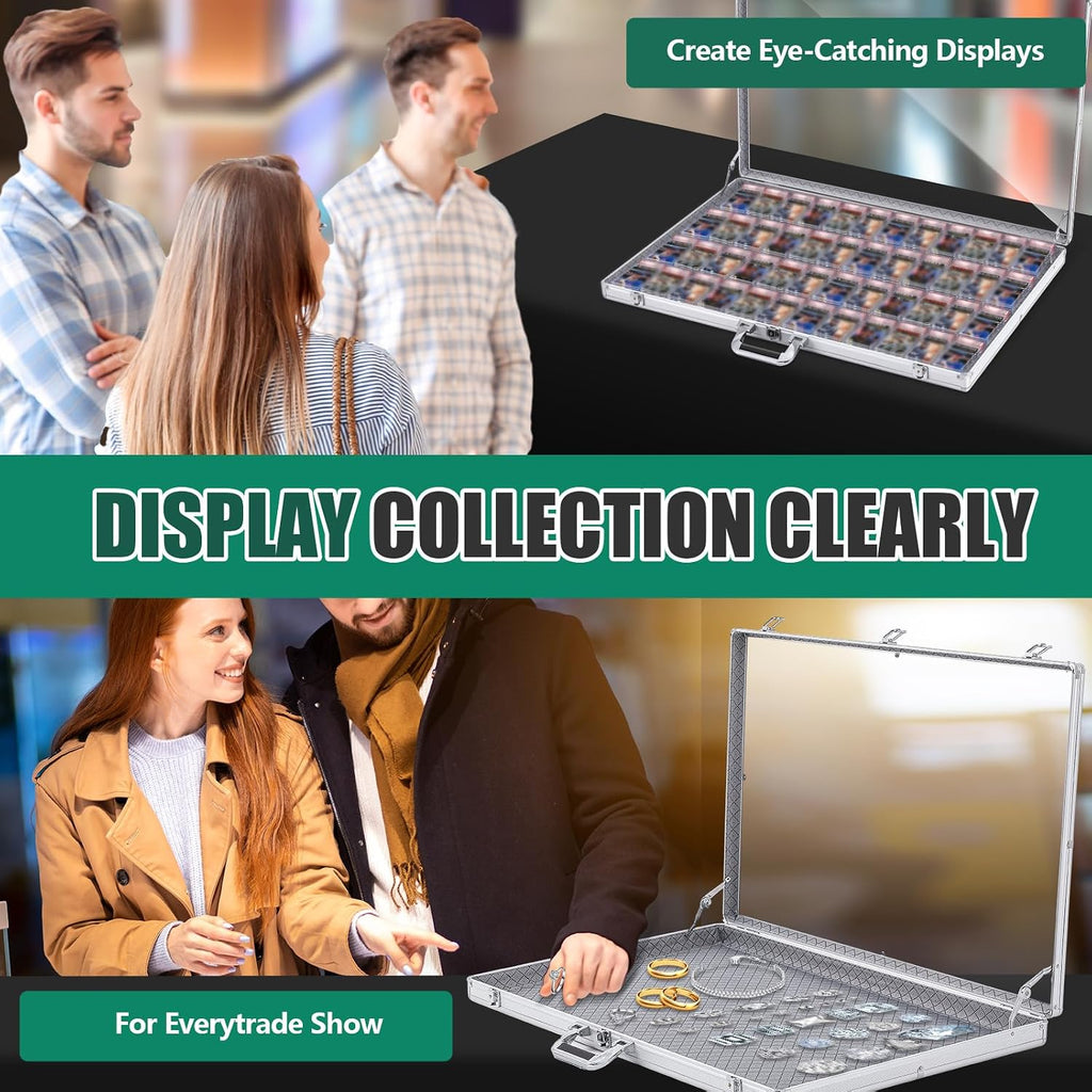 2 Pcs Card Show Display Case Trade Show Display Case Sport Aluminum Glass Table Top Portable Box with Clear Acrylic Showcase with Lock for Jewelry Craft Collect