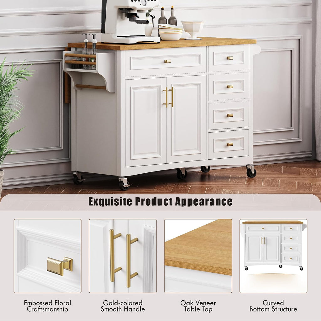 52' Kitchen Island Cart with Drop Leaf, Embossed Texture Kitchen Storage on Wheels with Spice Rack, Towel Rack, 5 Drawers, 2 Doors, Adjustable Shelf for Kitchen, Dining Room White