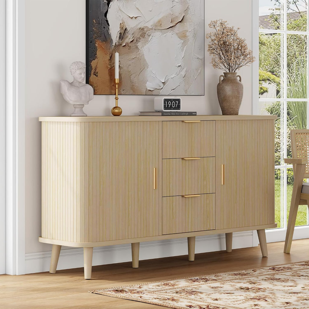 Lulive Natrual Buffet Cabinet, 55' Wide Sideboard Buffet Storage Cabinet with Rolling & Sliding Doors, Modern Bar Cabinet for Kitchen & Dining Room