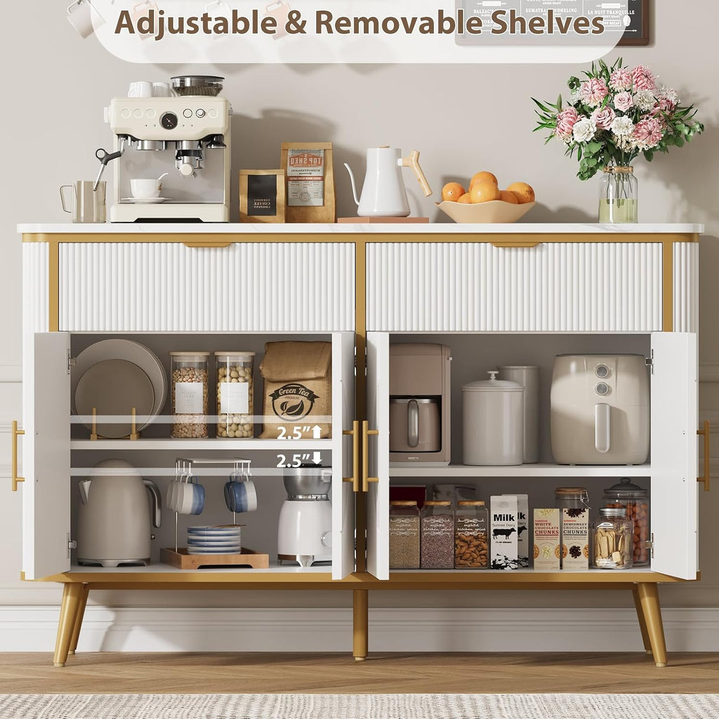 47.2' Buffet Storage Cabinet, Modern Fluted Coffee Bar Station with 2 Drawers & Adjustable Shelves, Kitchen Sideboard Buffet for Dining Room, Living Room, Hallway, White