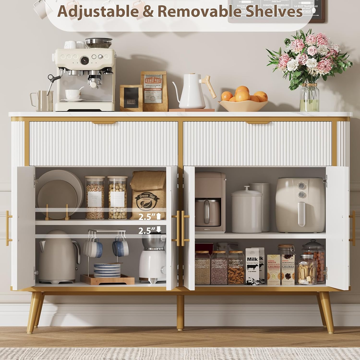 47.2' Buffet Storage Cabinet, Modern Fluted Coffee Bar Station with 2 Drawers & Adjustable Shelves, Kitchen Sideboard Buffet for Dining Room, Living Room, Hallway, White