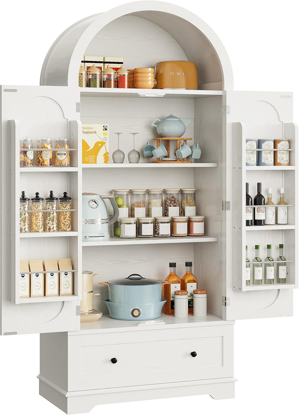 IRONCK 70.9' Tall Arched Kitchen Pantry, Kitchen Cabinet with Large Drawer, Adjustable Shelves, Arched Open Shelving, 2 Doors with Storage Shelves, Modern Versatile Cupboard for Kitchen, Dining Room