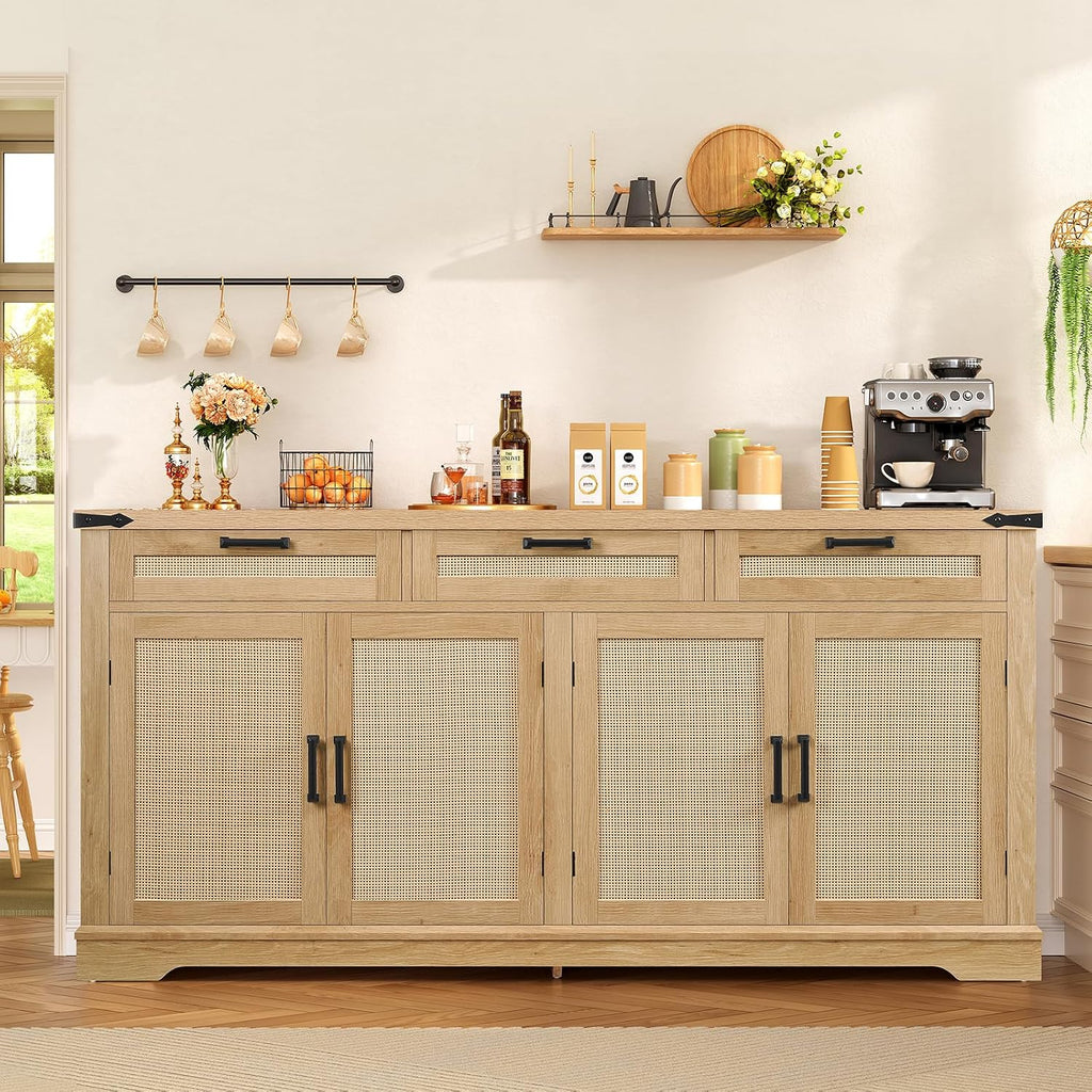 usikey 61' Large Buffet Cabinet with Storage, Sideboard Cabinet with 4 Doors and 3 Drawers, Farmhouse Buffet Table, Dining Room Storage Cabinet for Kitchen or Living Room, Natural