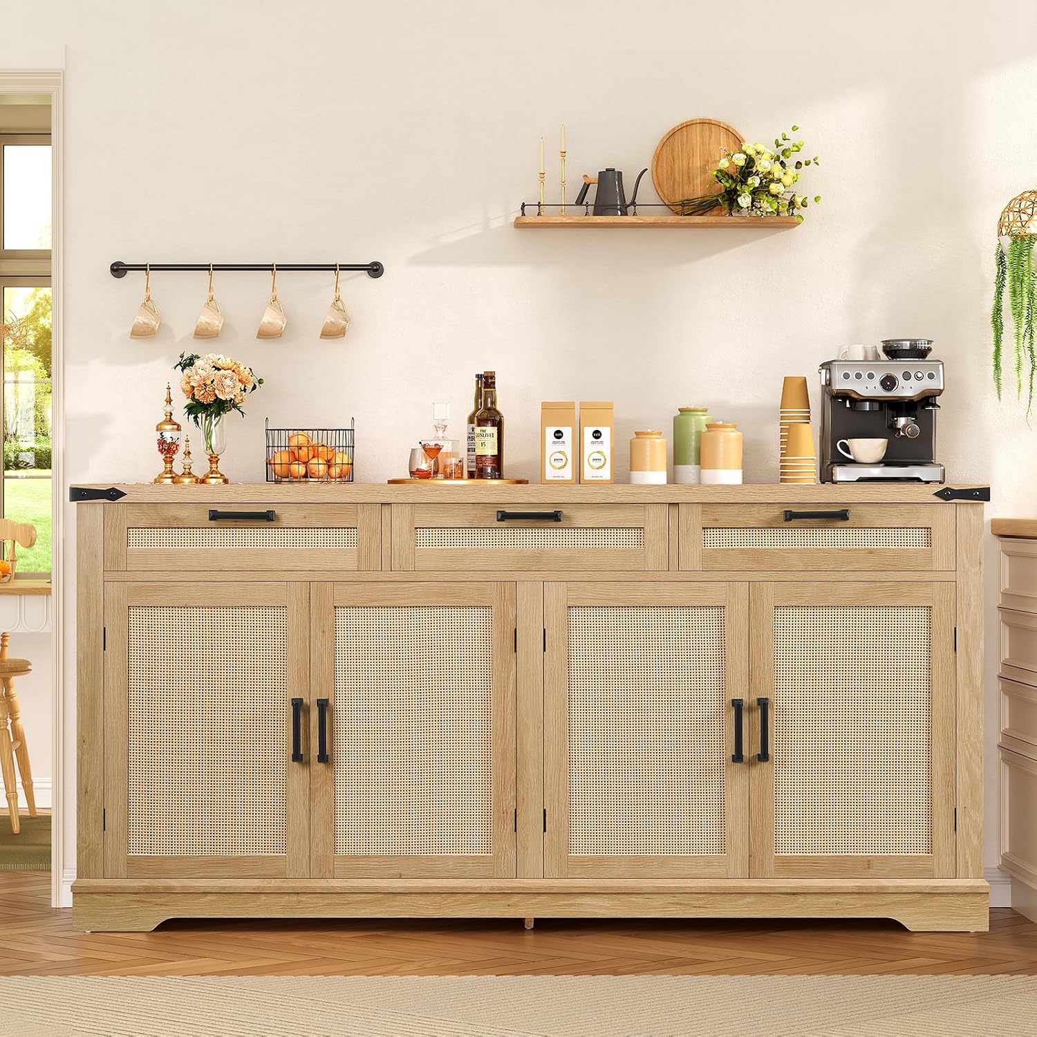 usikey 61' Large Buffet Cabinet with Storage, Sideboard Cabinet with 4 Doors and 3 Drawers, Farmhouse Buffet Table, Dining Room Storage Cabinet for Kitchen or Living Room, Natural
