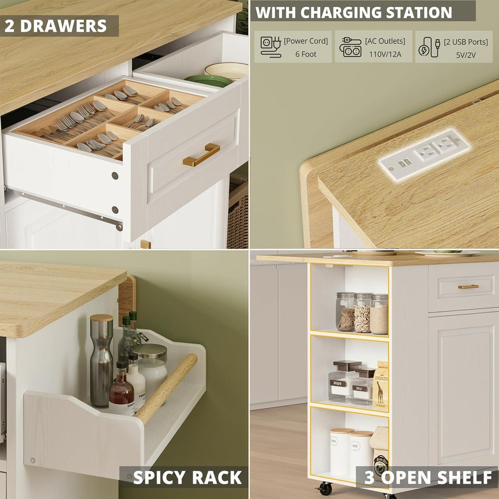 IRONCK Kitchen Island with Power Outlet & Drop Leaf, 47.2' Width Rolling Kitchen Island on Wheels with Storage, Mobile Kitchen Island Cart with Spice Rack, Open Shelves and Drawer, White