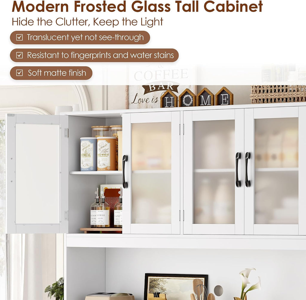 BOTLOG Pantry Storage Cabinet with Microwave Stand, 71' Tall Kitchen Hutch, Large White Pantry Cabinet with Glass Doors for Dining Room