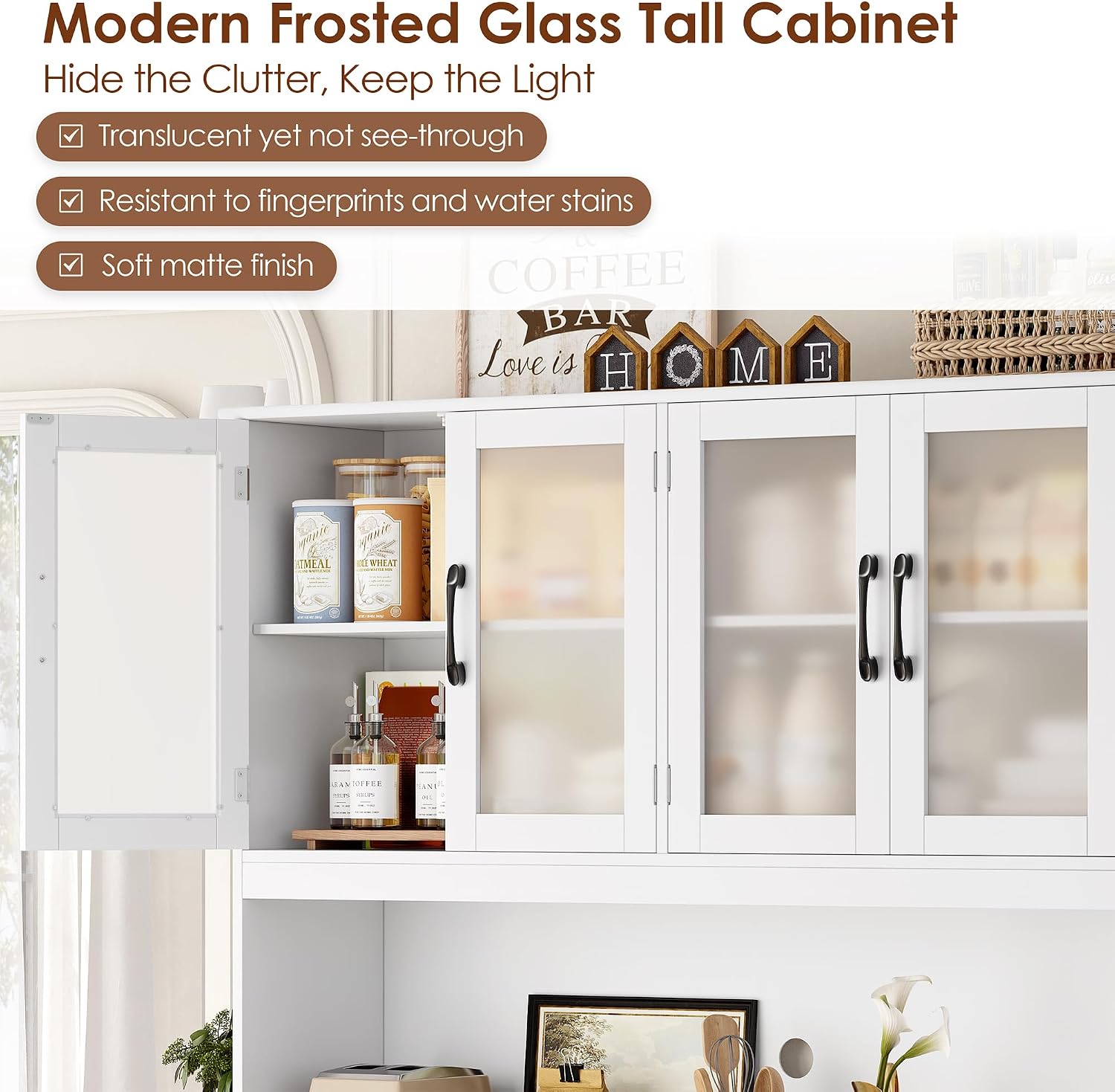 BOTLOG Pantry Storage Cabinet with Microwave Stand, 71' Tall Kitchen Hutch, Large White Pantry Cabinet with Glass Doors for Dining Room