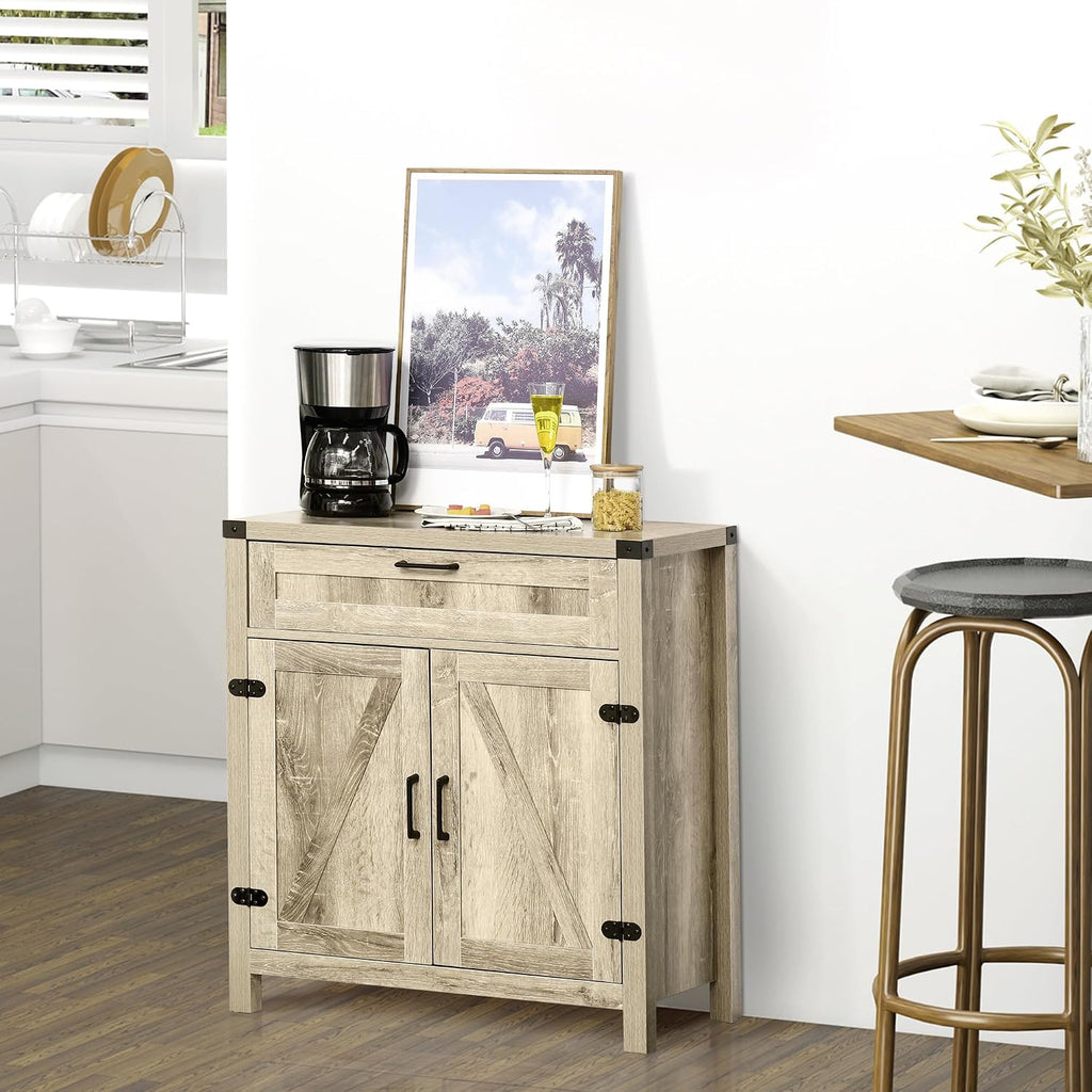 HOMCOM Sideboard with Storage Drawer, Modern Farmhouse Kitchen Cabinet with 2 Barn Doors, Coffee Bar Cabinet, Oak