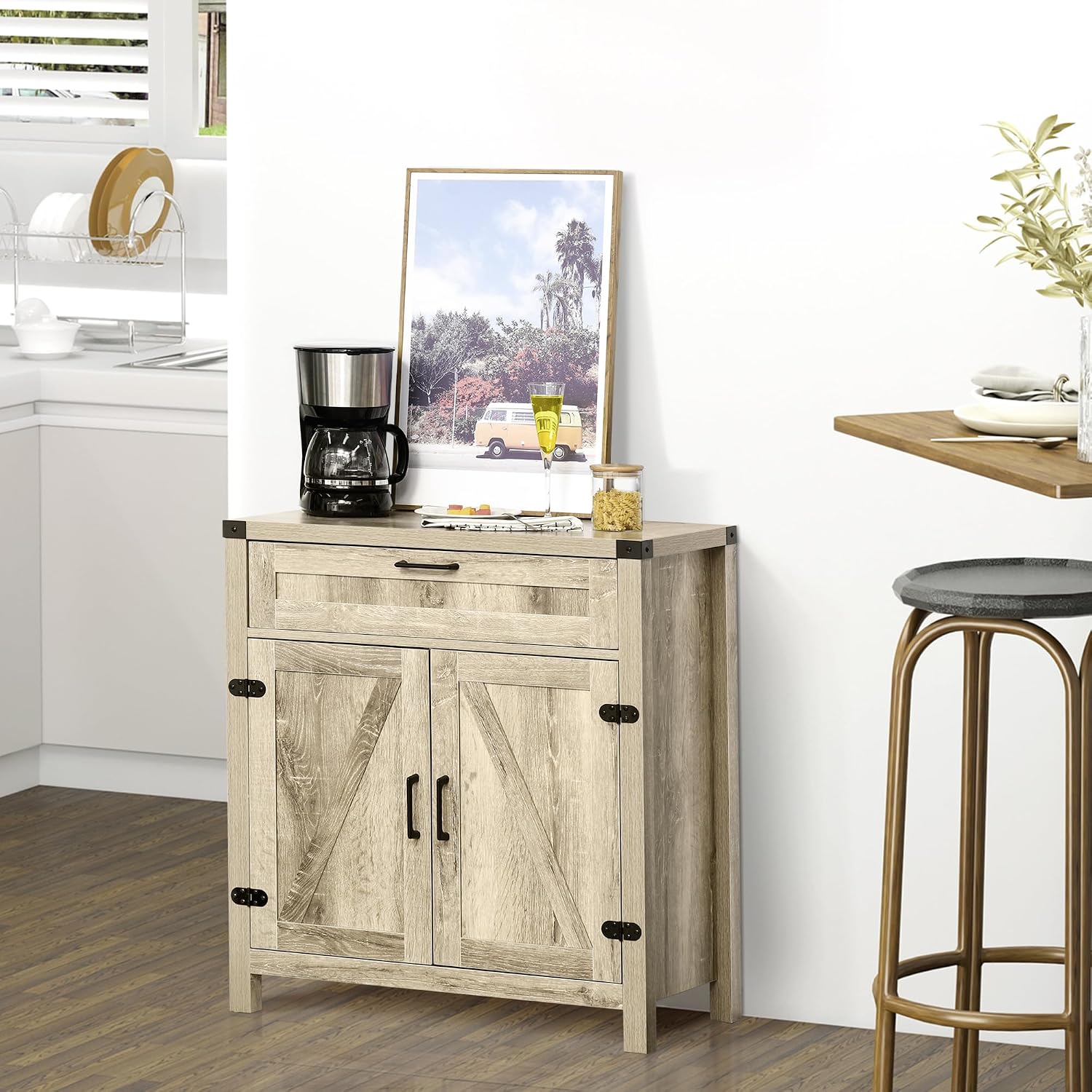 HOMCOM Sideboard with Storage Drawer, Modern Farmhouse Kitchen Cabinet with 2 Barn Doors, Coffee Bar Cabinet, Oak