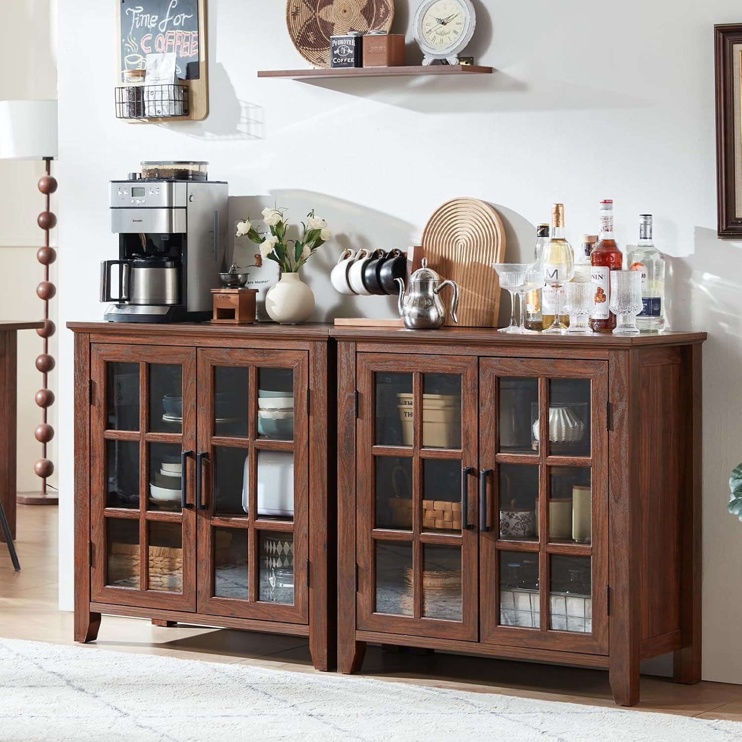 Large Sideboard Buffet Cabinet with Storage, 32' Farmhouse Brown Kitchen Coffee Wine Bar Cabinet with 2 Glass Doors, Wood Mid Century Modern Side Board Table for Dining Room, Living Room (2PCS)