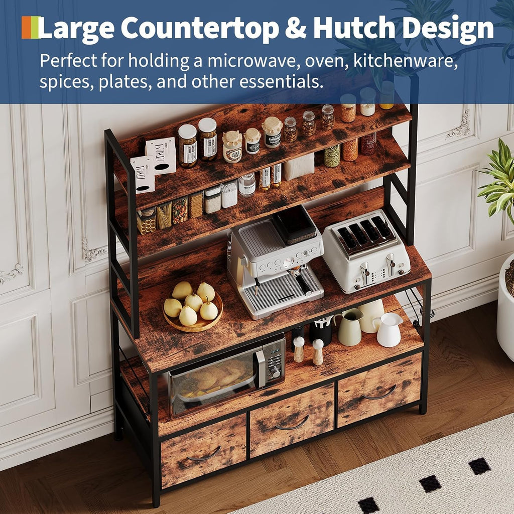 IDEALHOUSE 5 Tier Kitchen Bakers Rack with Charging Station & Drawers, Industrial Microwave Oven Stand, Freestanding Farmhouse Coffee Bar Station Utility Shelves with Hooks, Vintage Brown