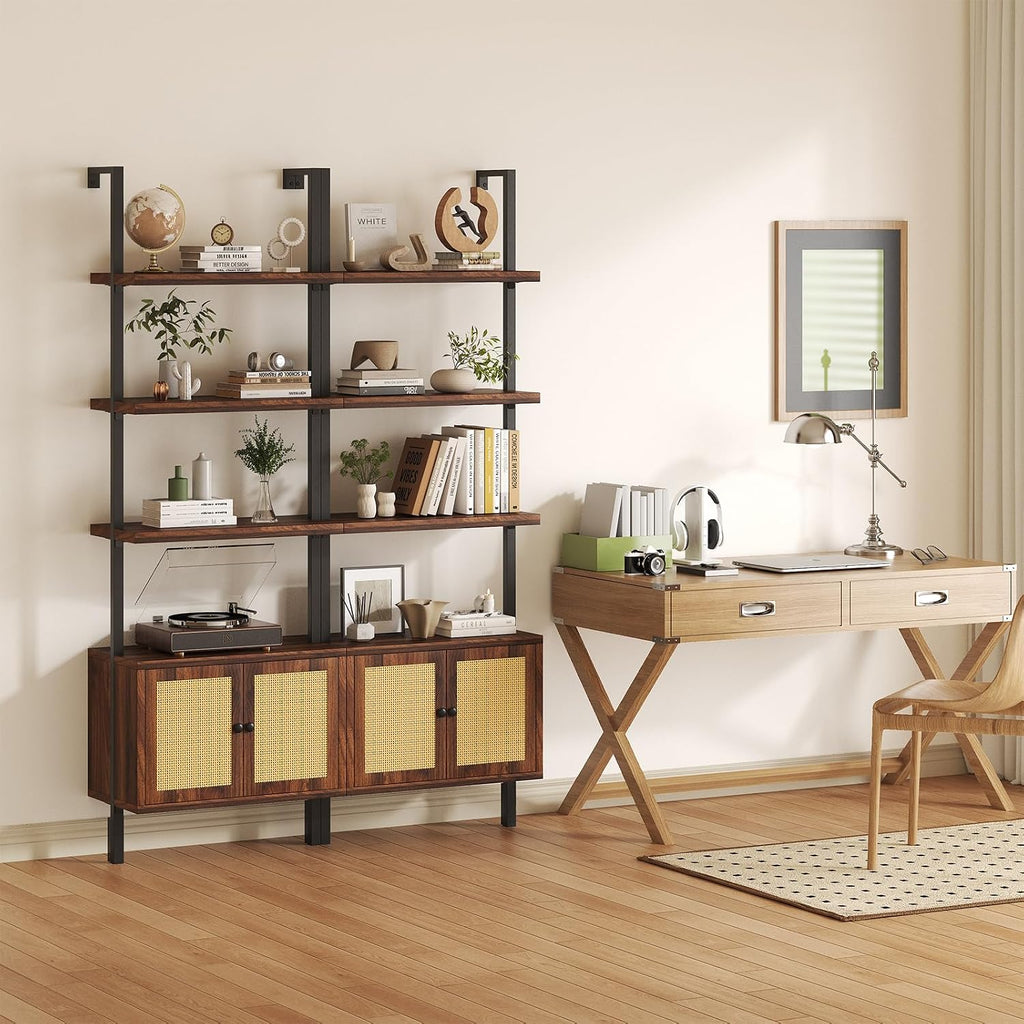 Airynee Ladder Bookshelf, 4 Tier Book Shelf with Rattan Cabinet, Wall Mount Bookshelves and Bookcases with Metal Frame, Anti Dump, Tall Bookcase for Living Room, Home Office, Bedroom Walnut