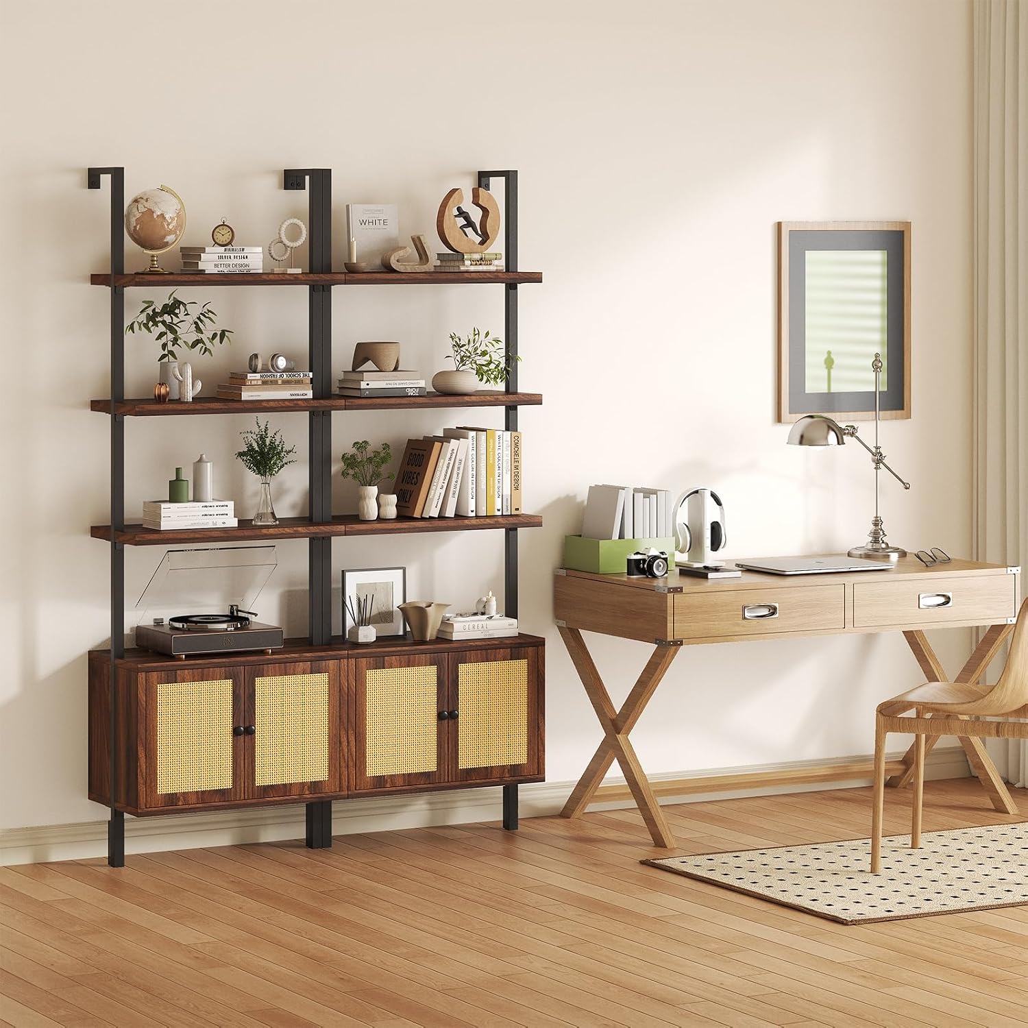 Airynee Ladder Bookshelf, 4 Tier Book Shelf with Rattan Cabinet, Wall Mount Bookshelves and Bookcases with Metal Frame, Anti Dump, Tall Bookcase for Living Room, Home Office, Bedroom Walnut 2pcs