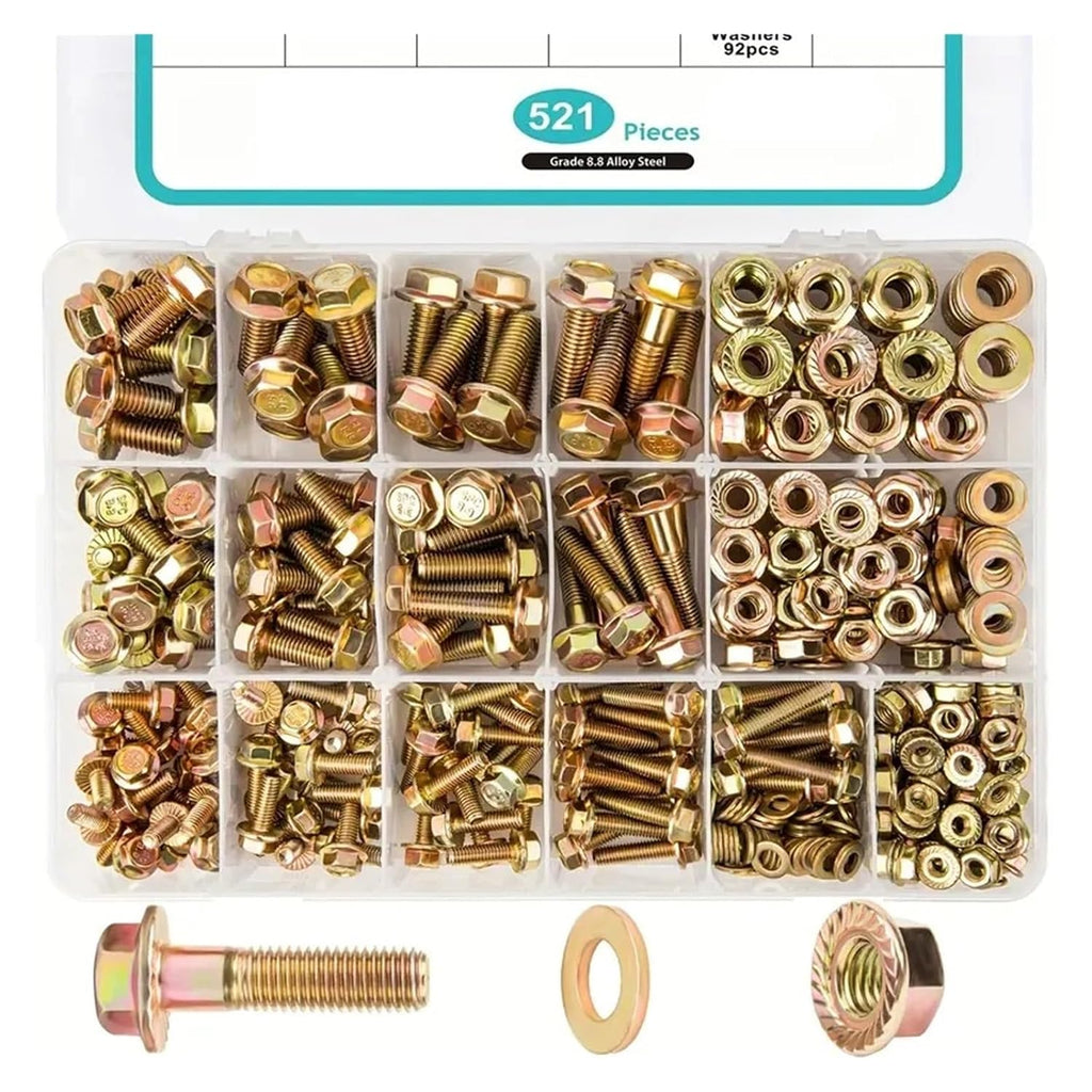 521pcs Carbon Steel Bolt and Nut Assortment Kit - Grade 8. Hex Serrated Screws with Coarse & Partial Threads