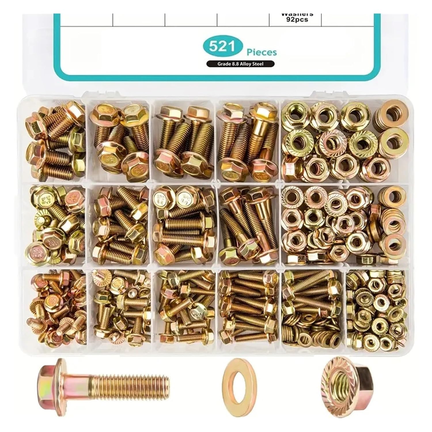 521pcs Carbon Steel Bolt and Nut Assortment Kit - Grade 8. Hex Serrated Screws with Coarse & Partial Threads