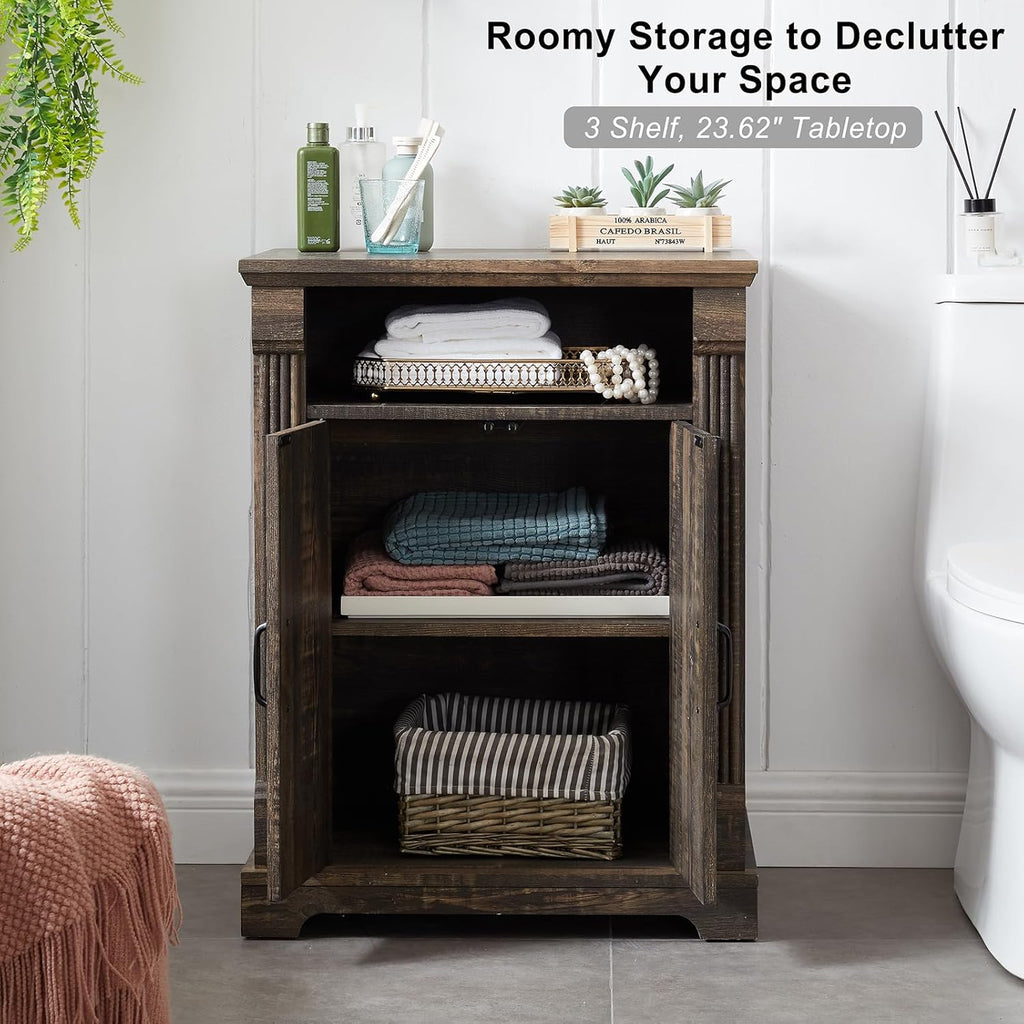 24' Farmhouse Storage Cabinet with Barn Doors, Dark Rustic Oak Freestanding Sideboard Buffet with Adjustable Shelf, Pantry Hutch Coffee Bar for Kitchen Bathroom Living Room - Small Floor Cabinet