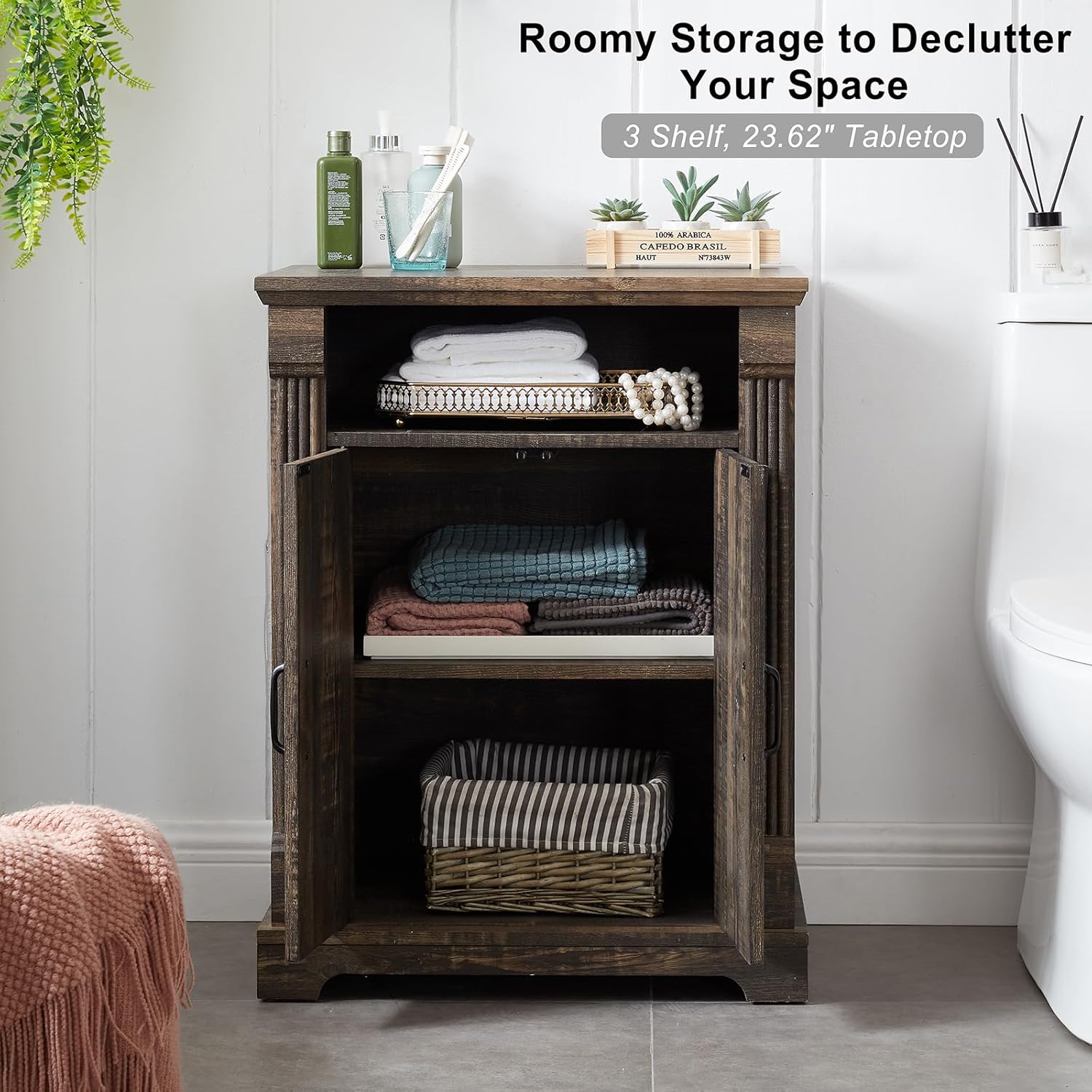 24' Farmhouse Storage Cabinet with Barn Doors, Dark Rustic Oak Freestanding Sideboard Buffet with Adjustable Shelf, Pantry Hutch Coffee Bar for Kitchen Bathroom Living Room - Small Floor Cabinet