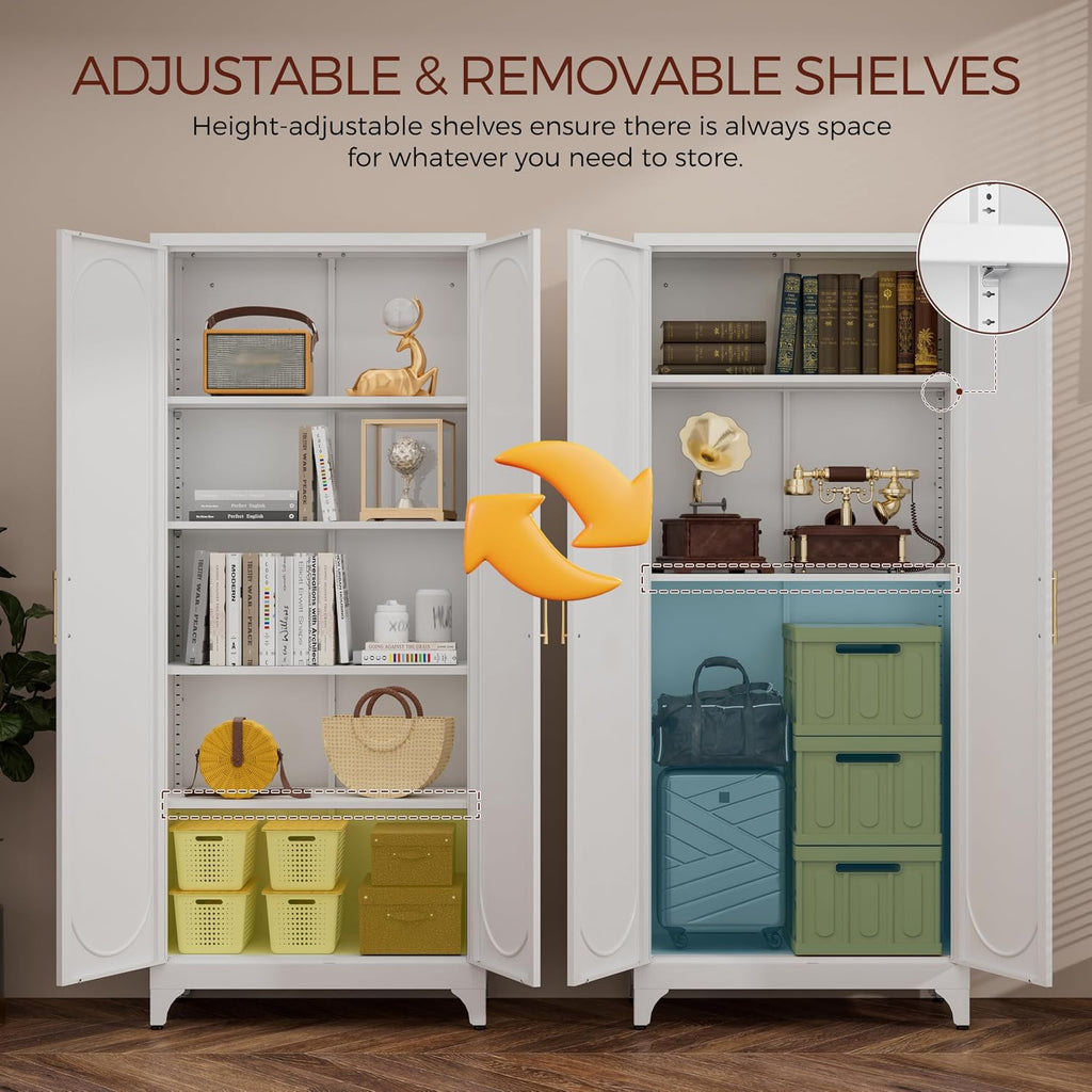 75' Tall White Metal Storage Cabinet with Doors & Adjustable Shelves, Heavy-Duty Pantry Cabinet for Kitchen, Garage, Home Office, Living Room & School