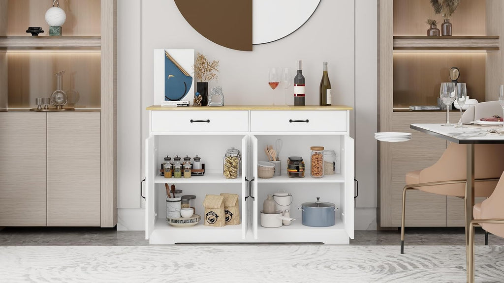 48' Farmhouse Freestanding Storage Cabinet, Kitchen Storage Bakers Rack with Drawers, Utility Food Cupboard for Home, White