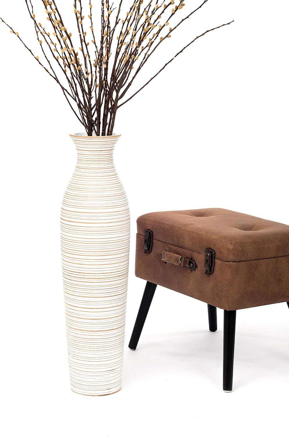 Leewadee Large White Home Decor Floor Vase - Wooden 26 inch Tall Farmhouse Decor Flower Holder for Fake Plant and Pampas Grass