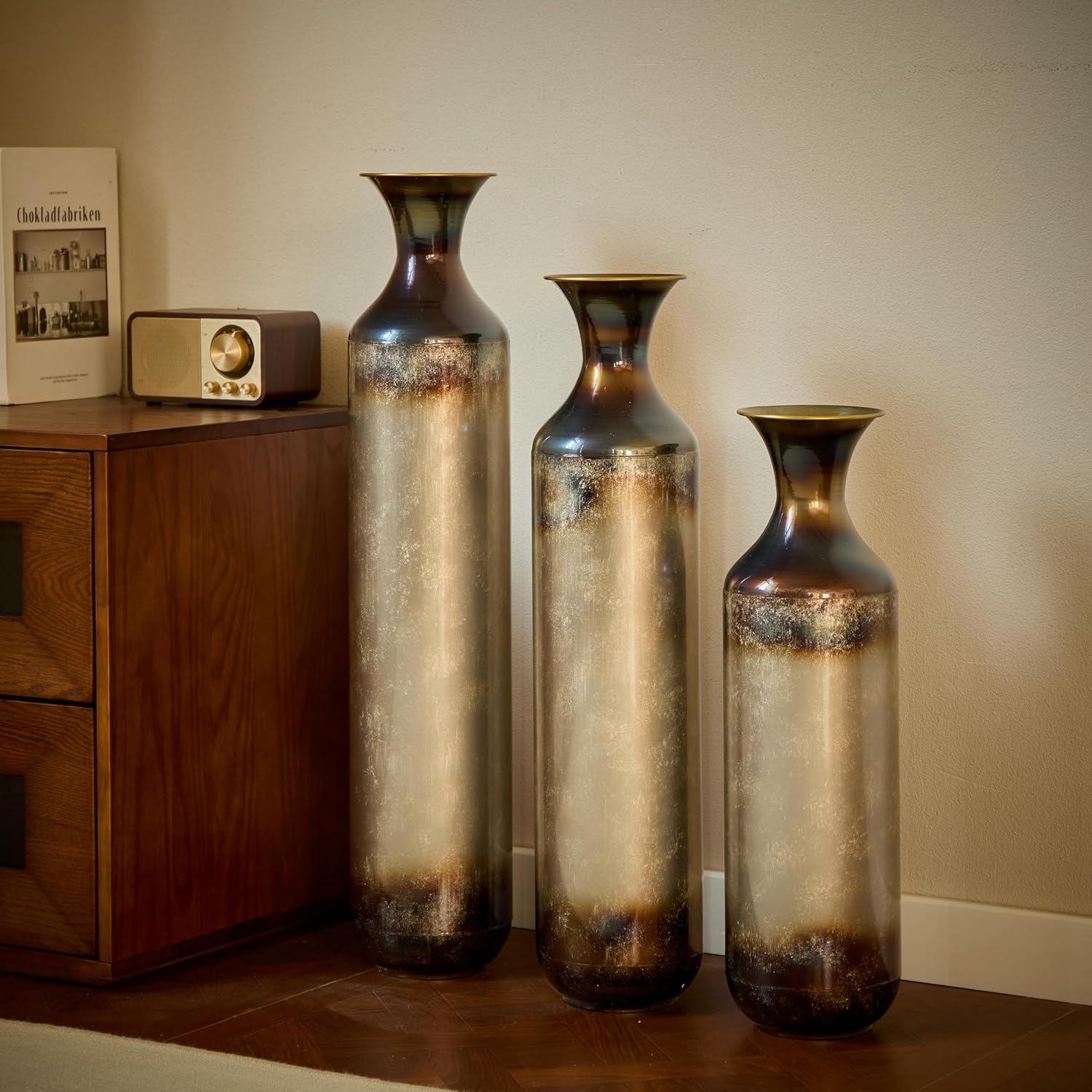 Floor Vases, Tall Home Decor Metal Vase Set of 3 Large Glazed Decorative Vases for Wedding Decor, Elegant Modern Flower Holder for Living Room, Entryway, Hallway