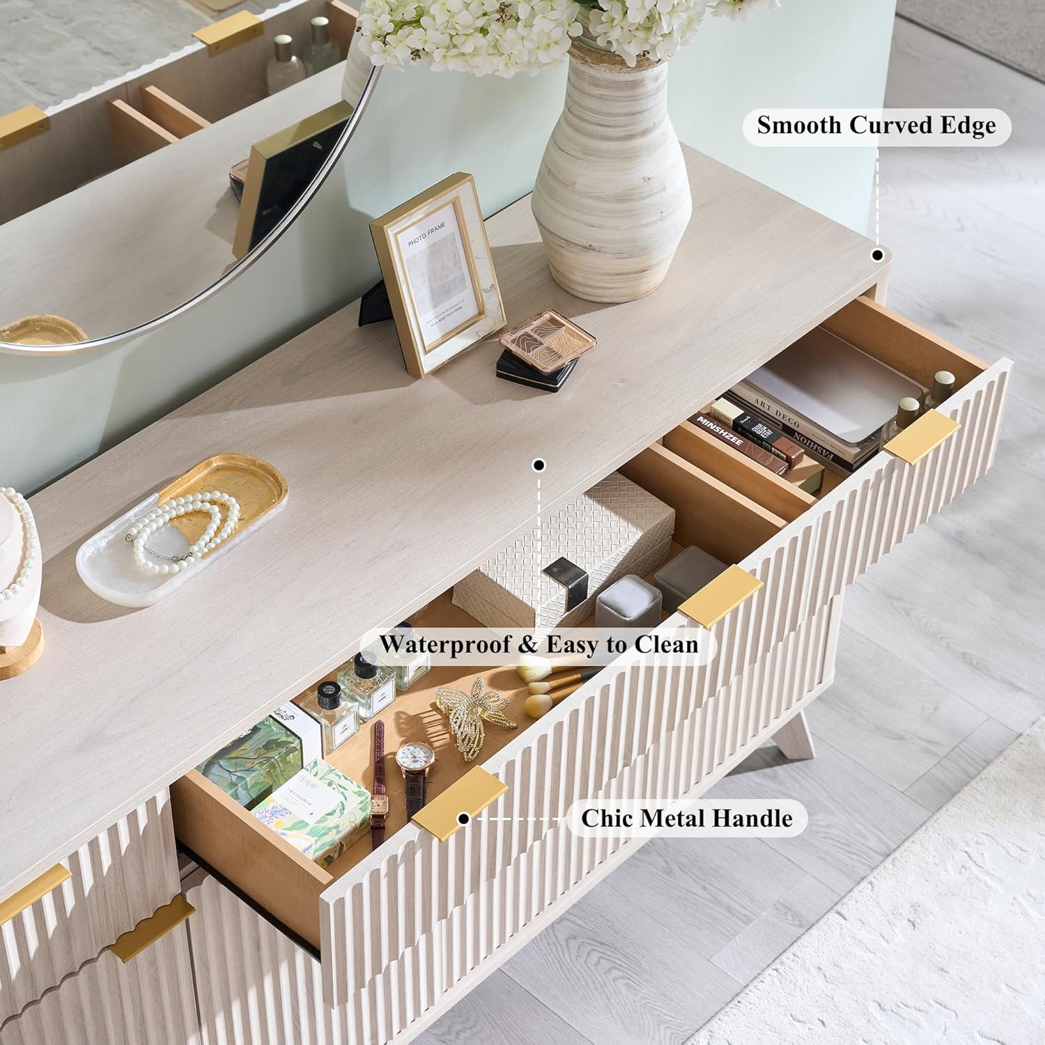 OKD Fluted Storage Cabinet with Drawers, 60' Morden Buffet Sideboard Coffee Bar Cabinet with 4 Doors and 3 Drawers for Dining Room, Living Room,Hallway (White Alder)