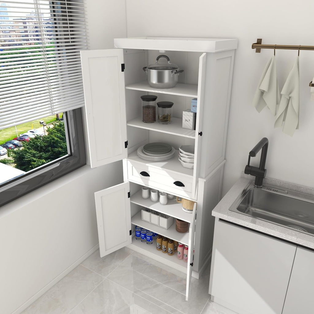 72' Adjustable-Shelf Freestanding Storage Cabinet, Kitchen Storage Bakers Rack with Drawer, Utility Food Cupboard with Anti-tip for Kitchen Dining Laundry Room, White