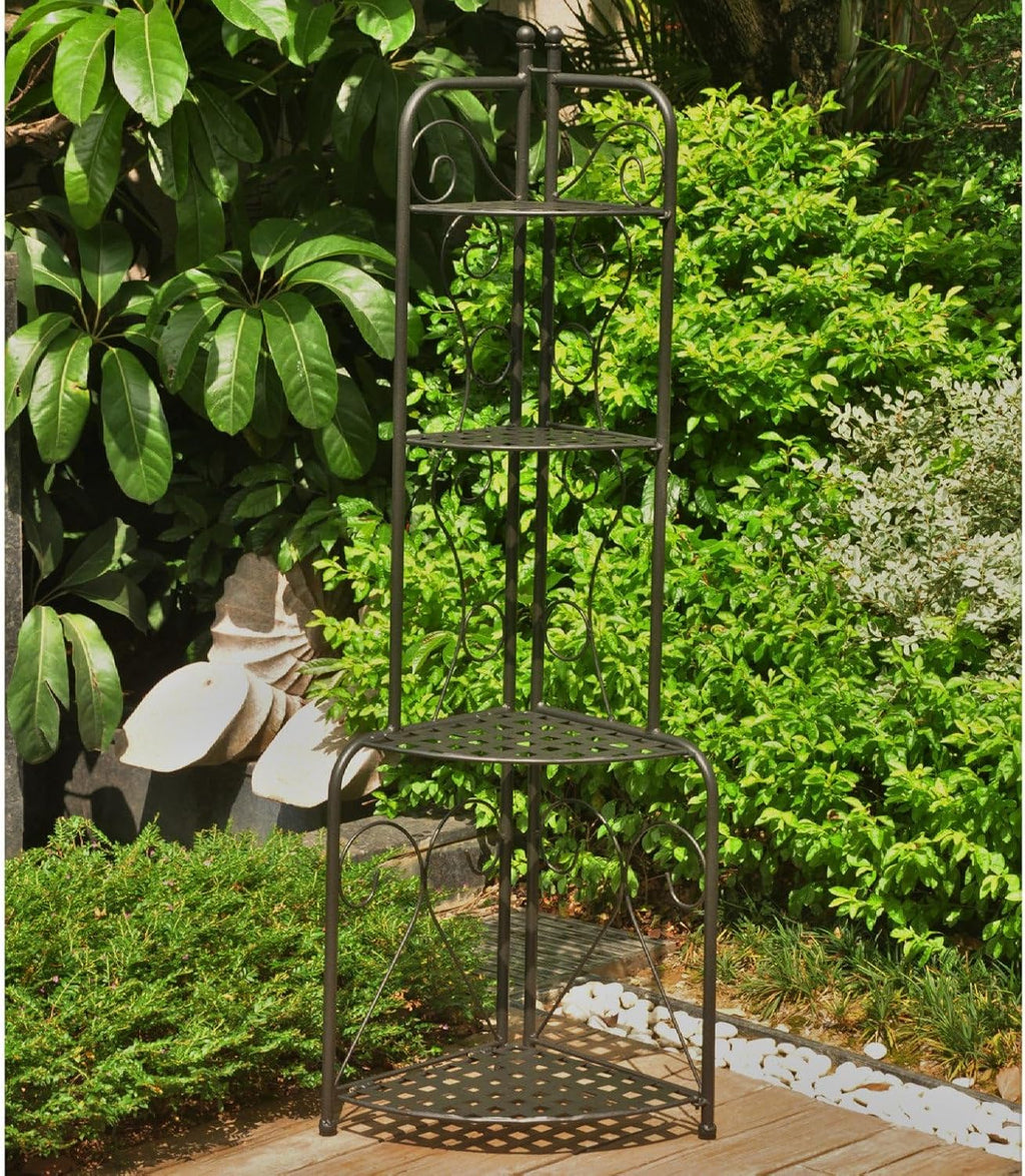Pemberly Row Iron Folding 4-Tier Bakers Rack, 54 in H x 17 in W, Antique Black Distressed Finish, All-Weather Water-Resistant with UV Protection, Indoor/Outdoor Storage and Display