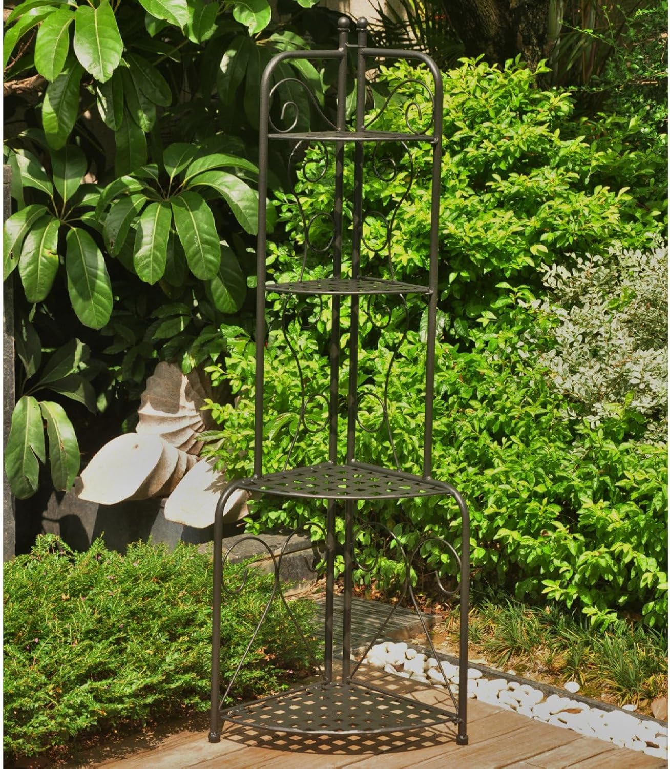 Pemberly Row Iron Folding 4-Tier Bakers Rack, 54 in H x 17 in W, Antique Black Distressed Finish, All-Weather Water-Resistant with UV Protection, Indoor/Outdoor Storage and Display
