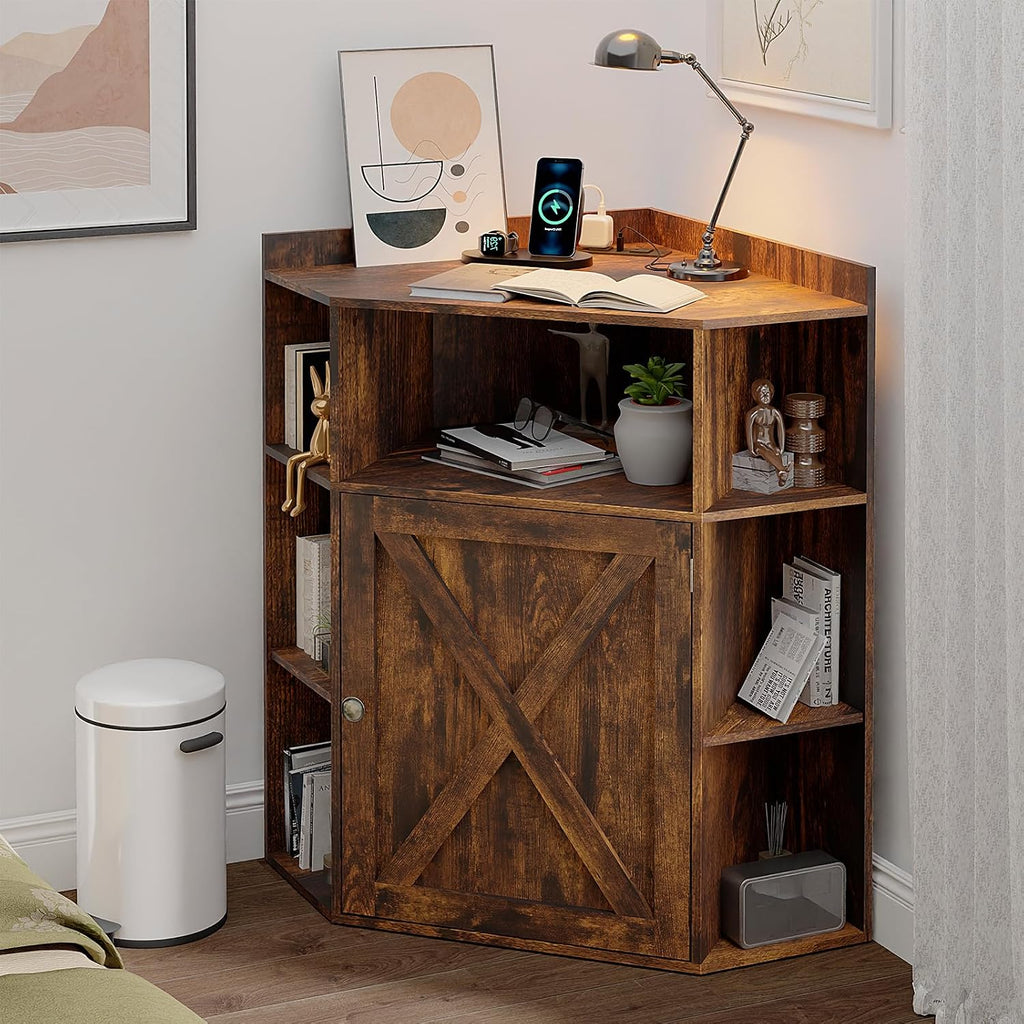 Vabches Corner Cabinet, Corner Storage Shelf with USB Ports and Outlets Industrial Organizer for Small Space Wooden 6-Cubby Bookshelf for Study, Playroom, Living Room (Amber Pine)