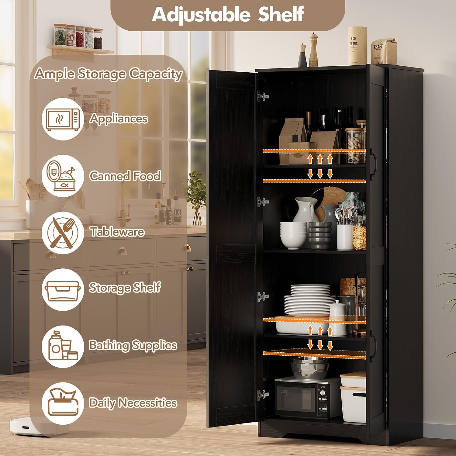 IDEALHOUSE Tall Pantry Cabinet, 60' Kitchen Pantry Storage Cabinet with 2 Doors and Adjustable Shelves, Freestanding Kitchen Cabinet, Cupboard for Dining Room, Bathroom, Antique Black