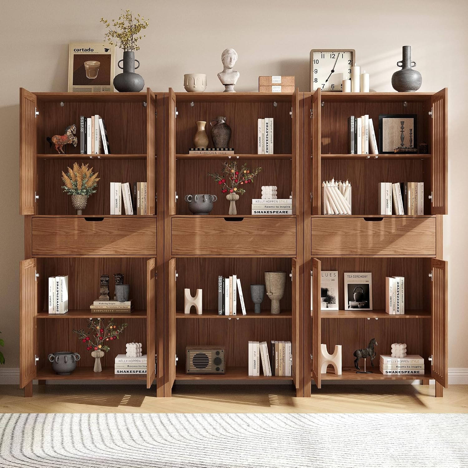 BVIUNTWO Set of 3 Rustic Brown 69' Tall Farmhouse Storage Cabinet with Drawer & Adjustable Shelves, Grille Door Organizer Unit, Anti-Tip Design for Bathroom,Kitchen,Living Room