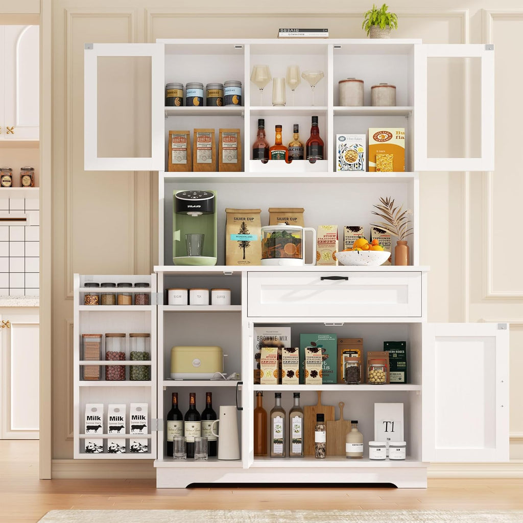Vongrasig Kitchen Pantry Cabinet, Farmhouse Kitchen Hutch Tall Storage Cabinet with Doors and Shelves, Modern Food Pantry for Dining Room, White