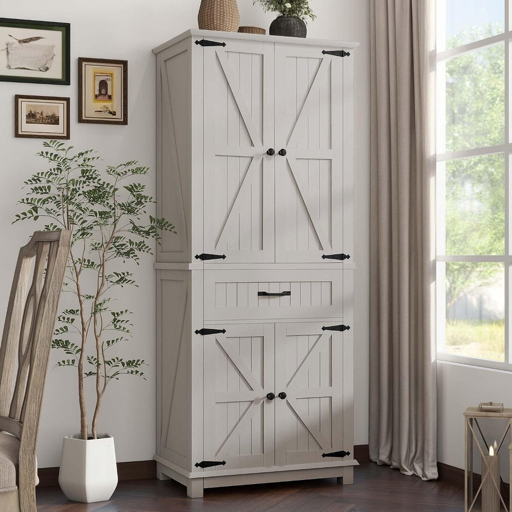 DWVO 72' Tall Farmhouse Pantry Cabinet, Kitchen Storage Pantry with Barn Doors & Drawer, Versatile Organizer with Adjustable Shelves, Rustic Cupboard for Dining Room, Living Room, White Oak