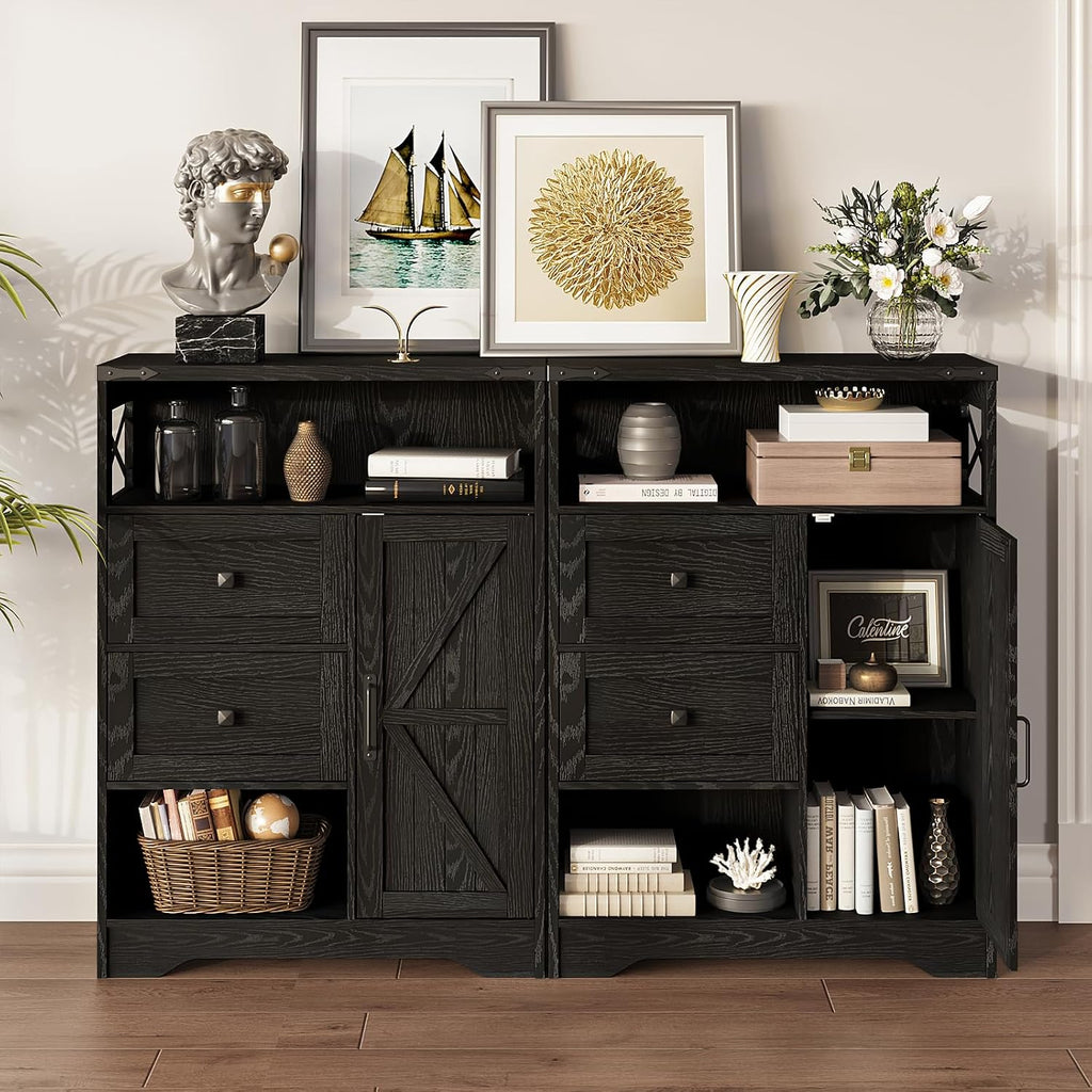 Fameill Farmhouse Storage Cabinet with 2 Drawers & Shelves,Freestanding Kitchen Cabinet with Doors,Floor Storage Organization for Living Room,Bathroom,Laundry,Black